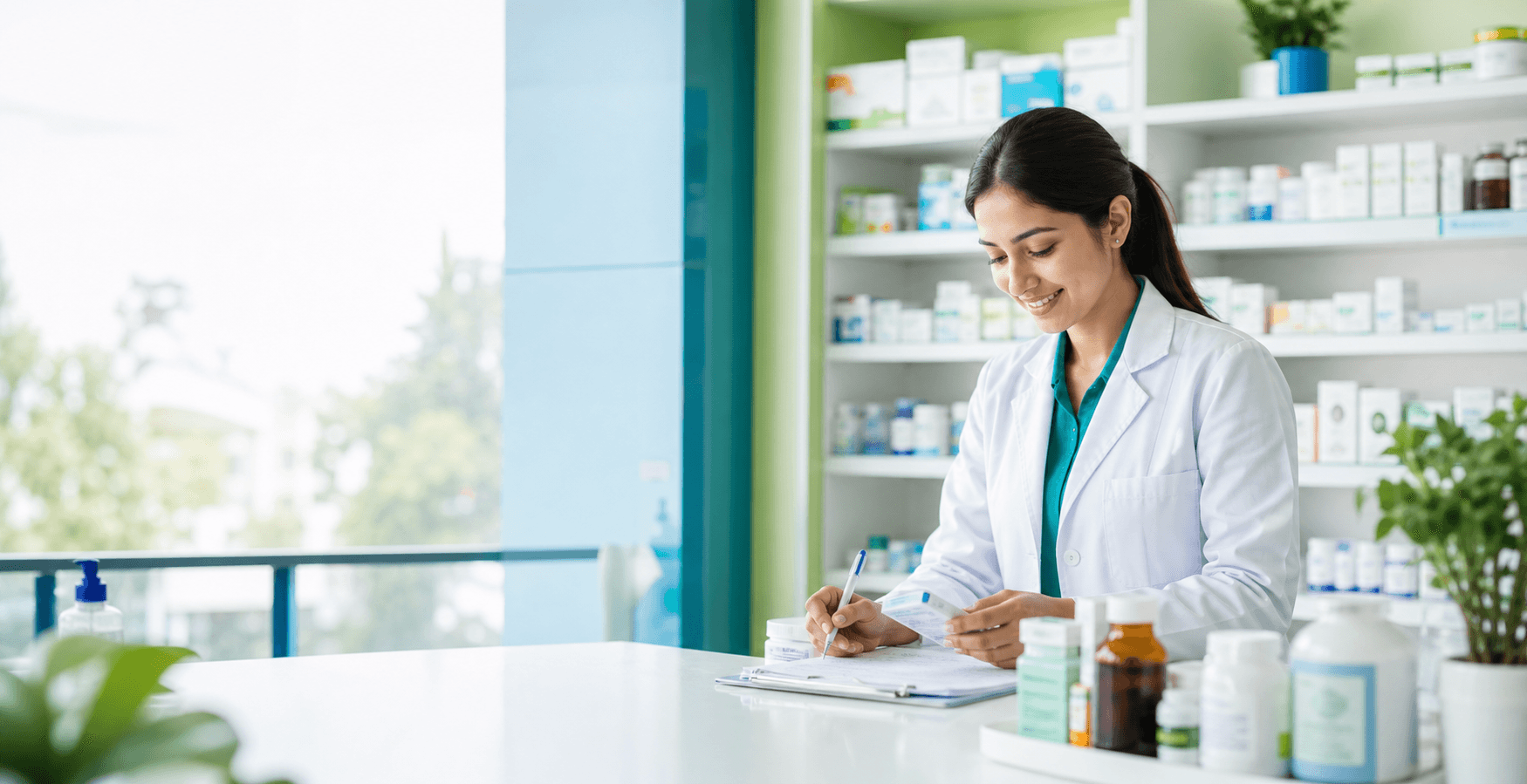 Modern pharmacy interior with pharmacist and medicine shelves